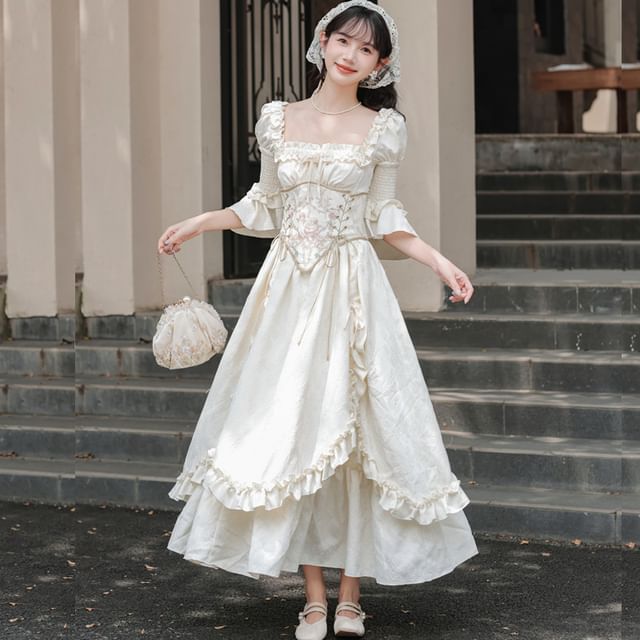 Flare-Sleeve Square Neck Frill Trim Maxi A-Line Dress / Corset / Set