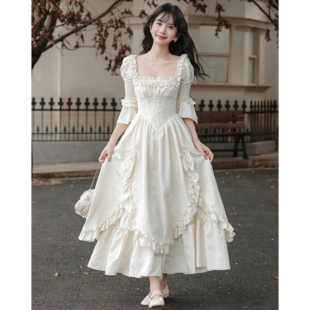 Flare-Sleeve Square Neck Frill Trim Maxi A-Line Dress / Corset / Set