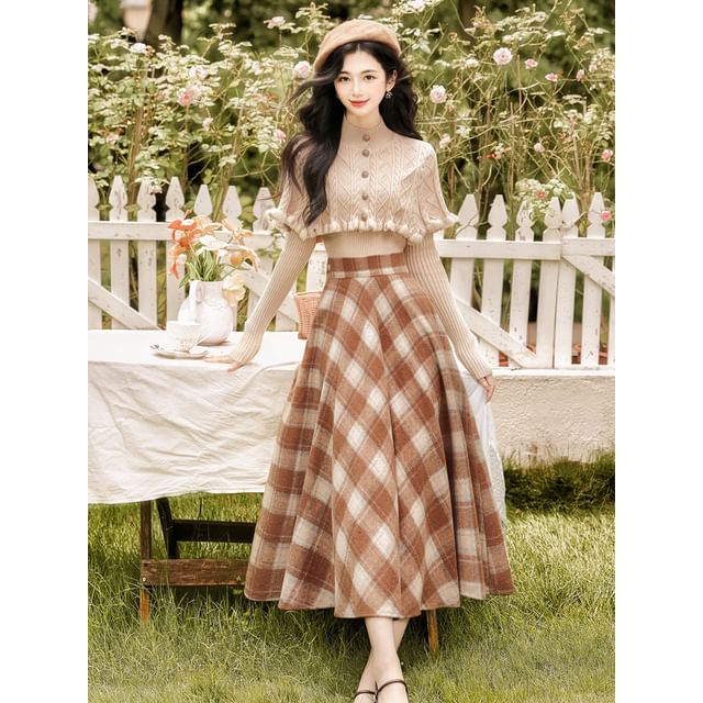 Mock Neck Knit Top with Plaid Maxi Skirt Set