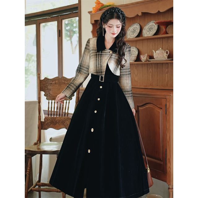 Mock Two-Piece Long-Sleeve Collared Plaid Maxi A-Line Dress