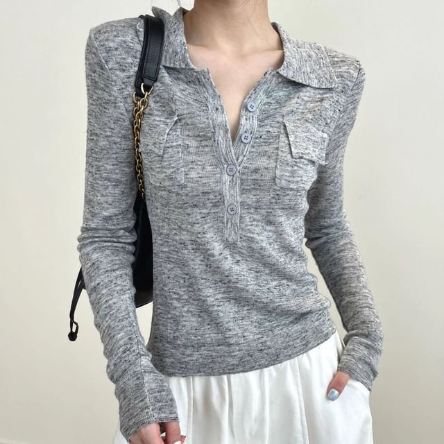 Collared Slim Fit Half Button Knit Top