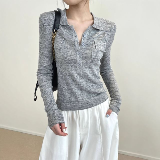 Collared Slim Fit Half Button Knit Top