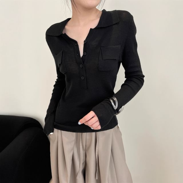 Collared Slim Fit Half Button Knit Top