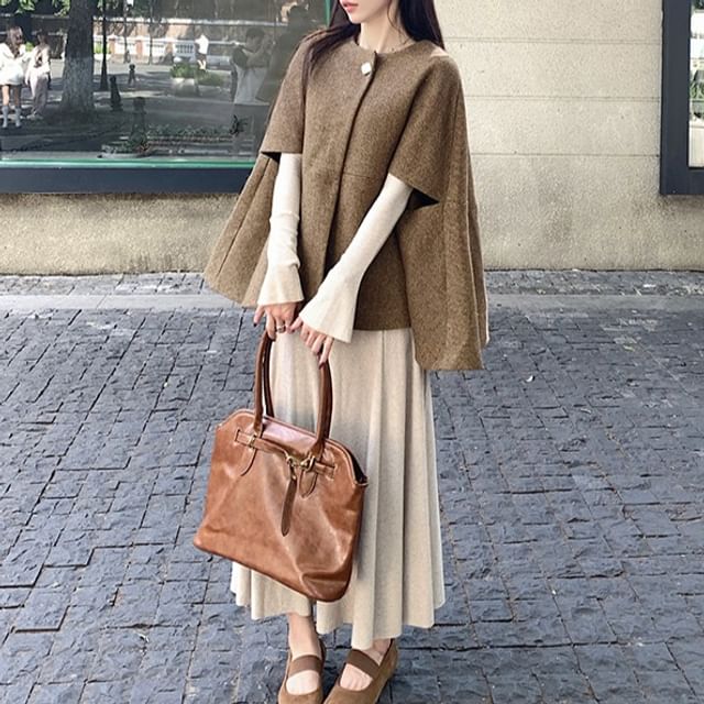 Long-Sleeve Crew Neck Plain Maxi A-Line Dress / Button-Up Cape