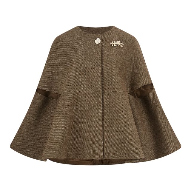 Long-Sleeve Crew Neck Plain Maxi A-Line Dress / Button-Up Cape