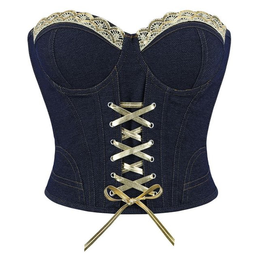 Sequin Panel Denim Bustier Top with Lace Up Front