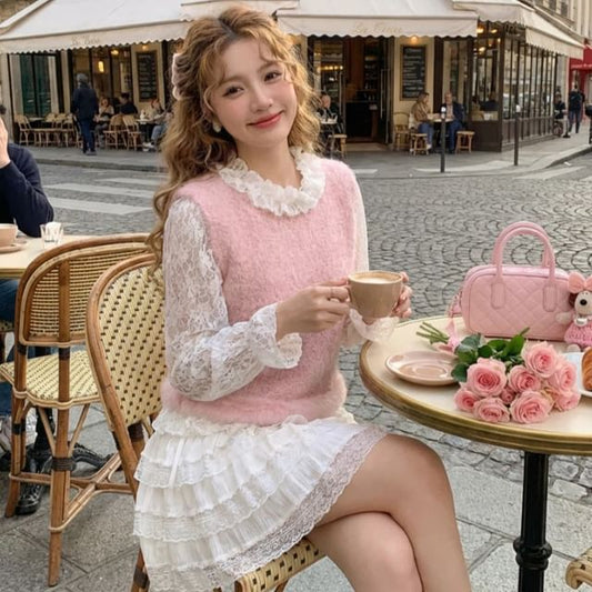 Round Neck Lace Top and Fluffy Sweater Vest Set