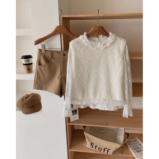 Round Neck Lace Top and Fluffy Sweater Vest Set