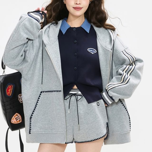 Striped Zip-Up Hoodie with Sweatshorts Set