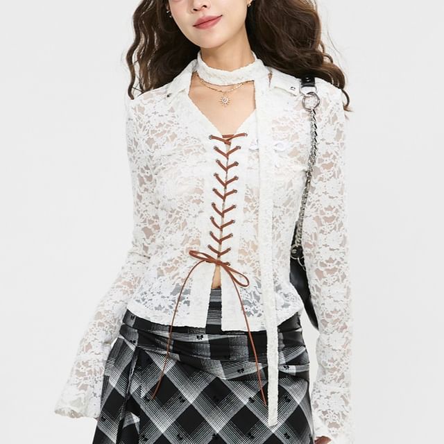 Lace-Up Crop Top with Long Sleeves