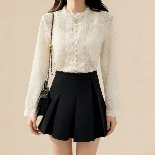 Puff Sleeve Lace Blouse with Button Front