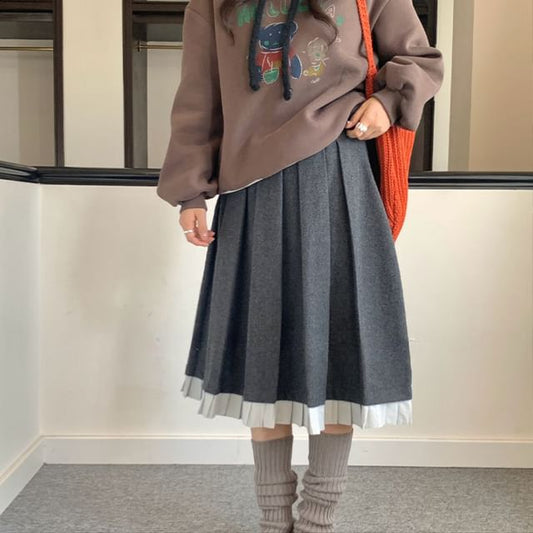 Two Tone Pleated Midi A-Line Skirt High Rise