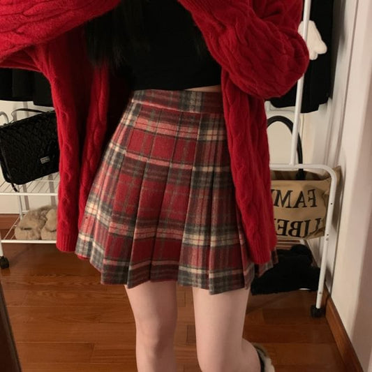 Pleated Plaid Mini A-Line Skirt High Waist