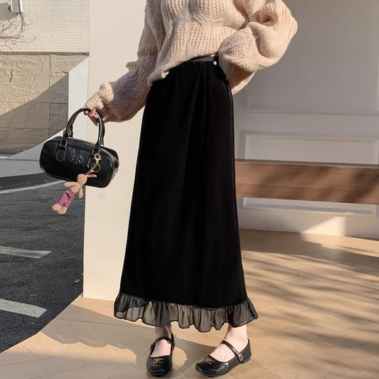 Ruffle Hem Velvet Midi Straight Skirt with Slit