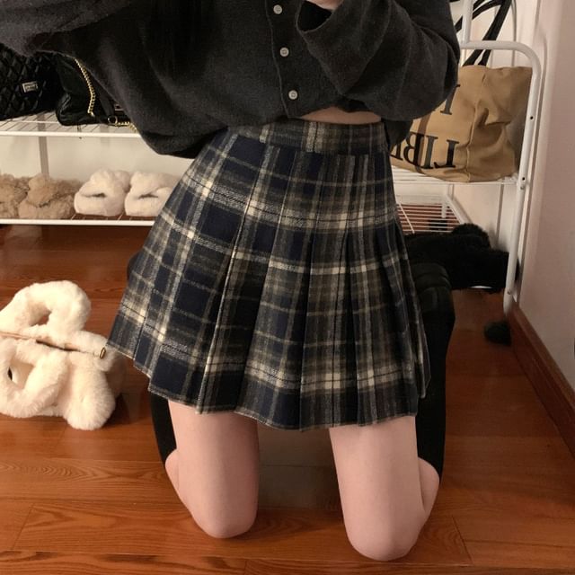Pleated Plaid Mini A-Line Skirt High Waist