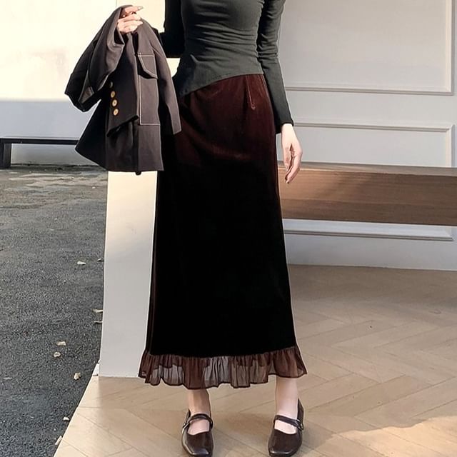 Ruffle Hem Velvet Midi Straight Skirt with Slit