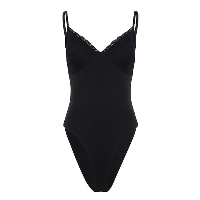 Spaghetti Strap V-Neck Lace Trim Bodysuit Top