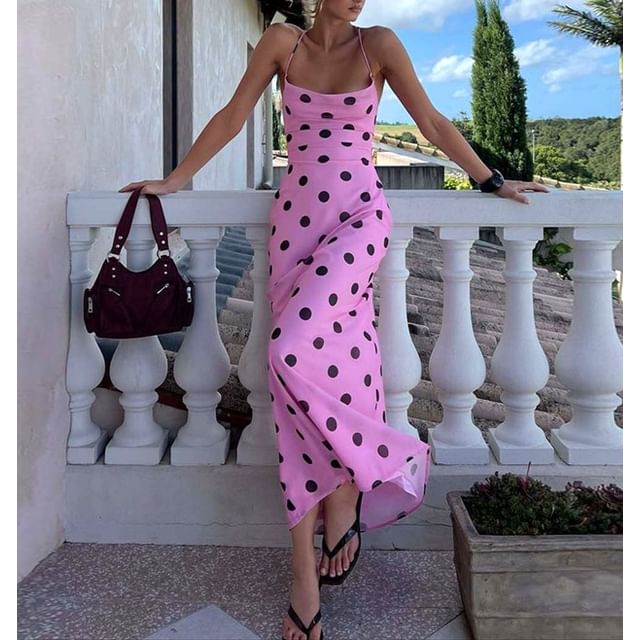 Spaghetti Strap Cowl Neck Dotted Open-Back Slim-Fit Maxi Dress