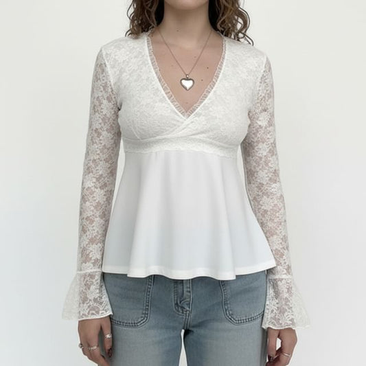 Ruffle Trim Bell Sleeve Lace A-Line Blouse