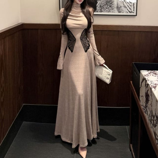 Turtleneck Plain Shrug / Long-Sleeve Plain Knit Maxi A-Line Dress