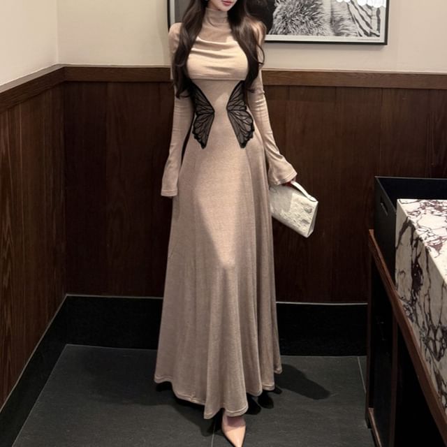 Turtleneck Plain Shrug / Long-Sleeve Plain Knit Maxi A-Line Dress