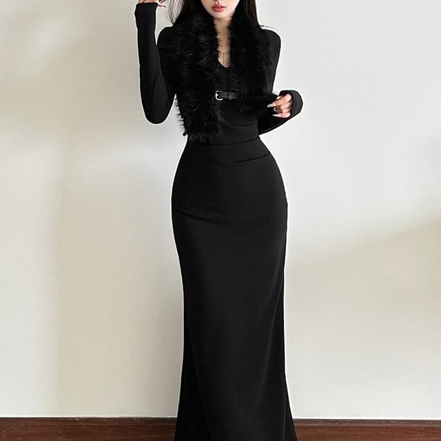 Long-Sleeve V-Neck Plain Maxi Mermaid Dress / Fluffy Vest