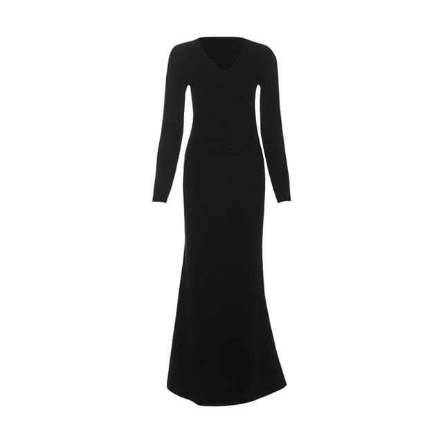 Long-Sleeve V-Neck Plain Maxi Mermaid Dress / Fluffy Vest
