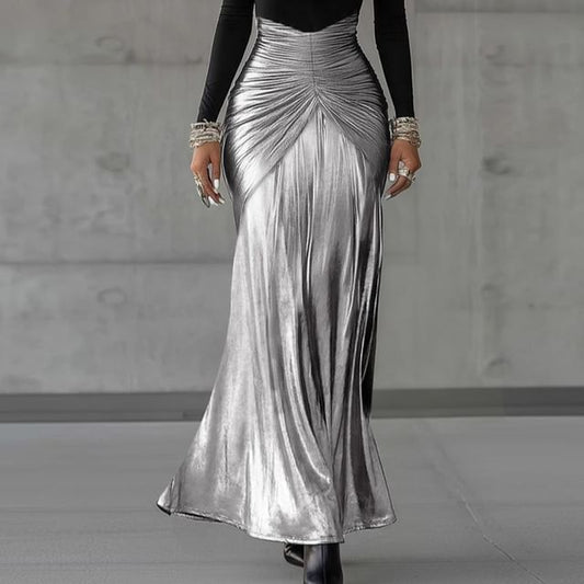 Long-Sleeve Crew Neck Two Tone Ruched Maxi Sheath Dress