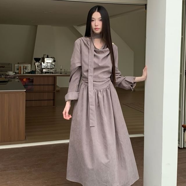 Long Sleeve Cowl Neck Plain Maxi A-Line Dress