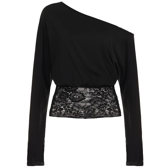 One Shoulder Lace Panel Cropped Long Sleeve Shirt
