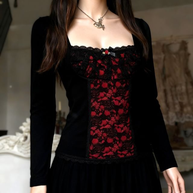 Square Neck Lace Panel T-Shirt - Long Sleeve