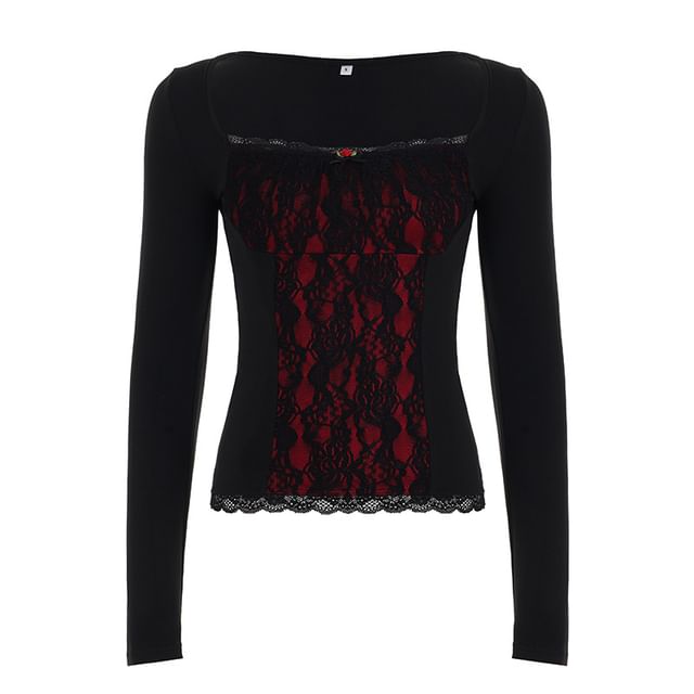 Square Neck Lace Panel T-Shirt - Long Sleeve