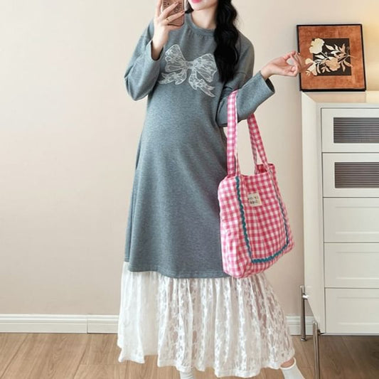 Maternity Long-Sleeve Crewneck Lace Panel Maxi Dress