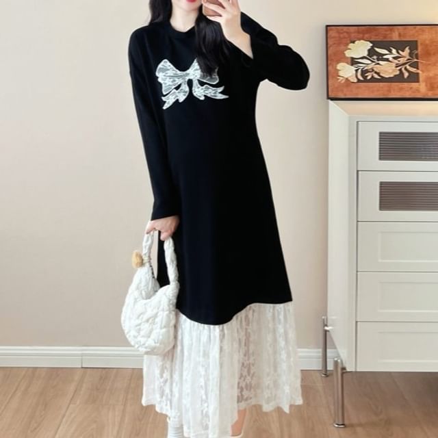 Maternity Long-Sleeve Crewneck Lace Panel Maxi Dress