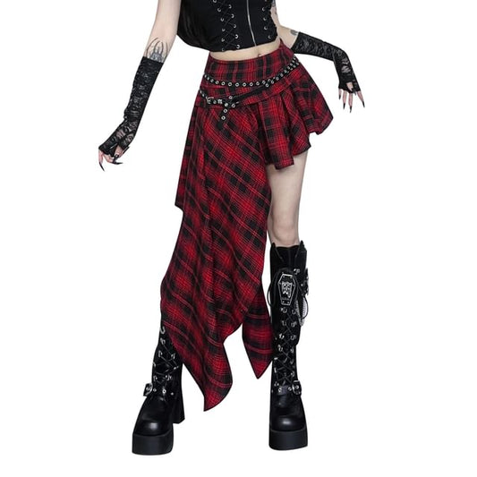 Asymmetrical Ruched Plaid A-Line Skirt Mid Rise