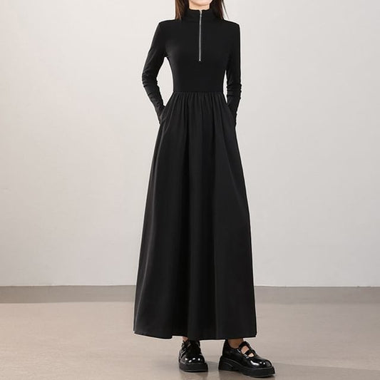 Long-Sleeve Half-Zip Plain Maxi A-Line Dress