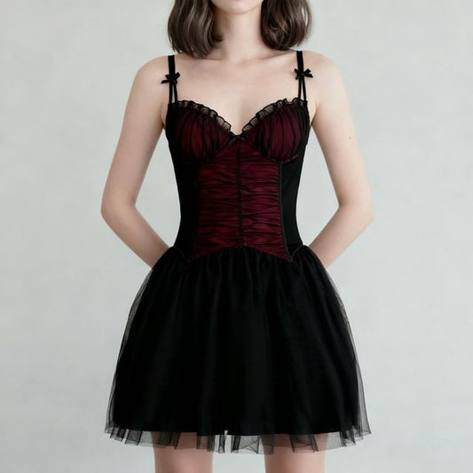 Spaghetti Strap V-Neck Ruffled Color-Block Mesh Mini A-Line Skirt