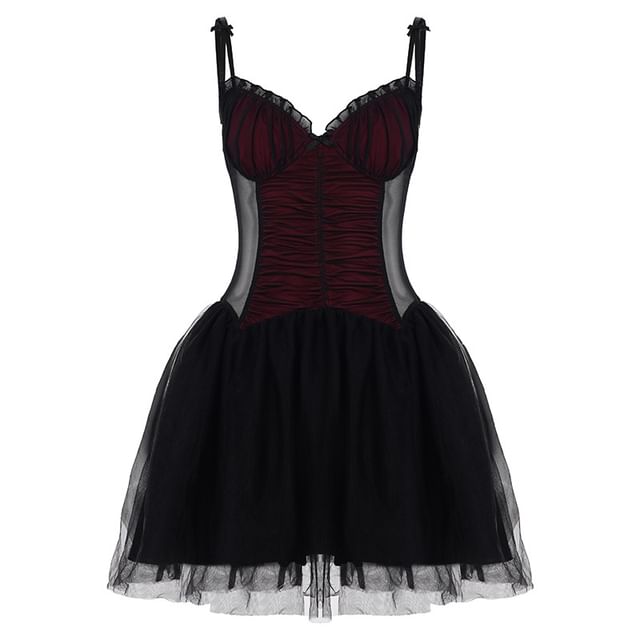 Spaghetti Strap V-Neck Ruffled Color-Block Mesh Mini A-Line Skirt
