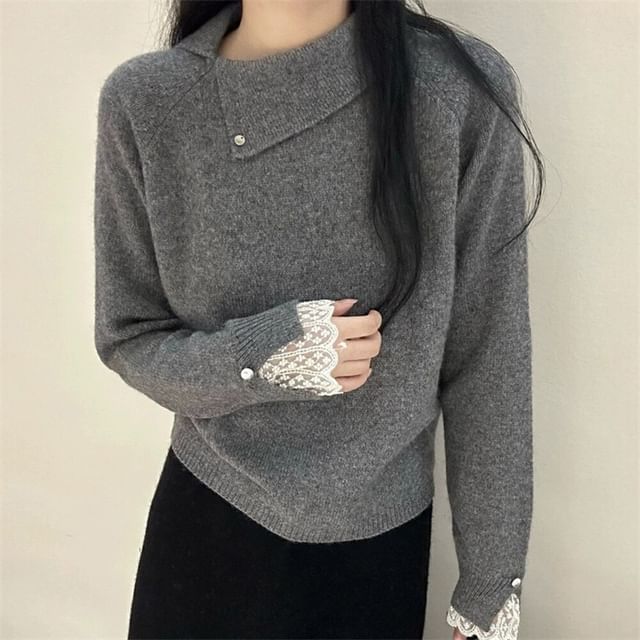 Collar Sweater with Lace Trim