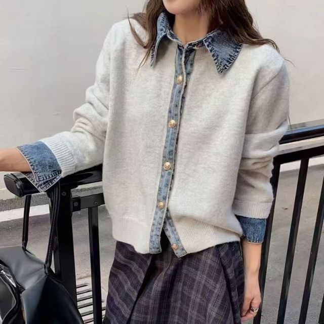Collared Denim Trim Button Up Cardigan
