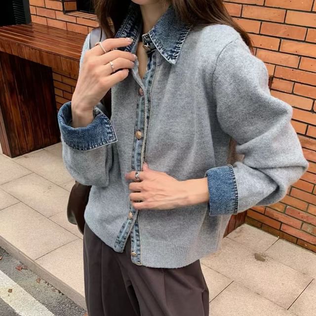 Collared Denim Trim Button Up Cardigan