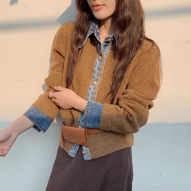 Collared Denim Trim Button Up Cardigan