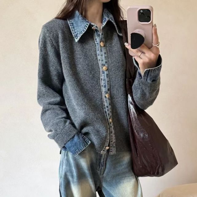 Collared Denim Trim Button Up Cardigan