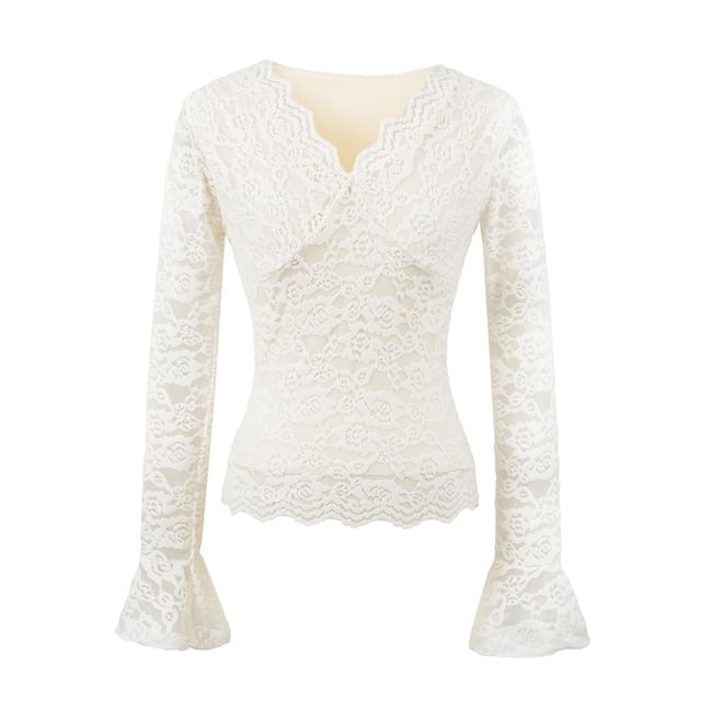 V-Neck Lace Detailed Long Sleeve Top