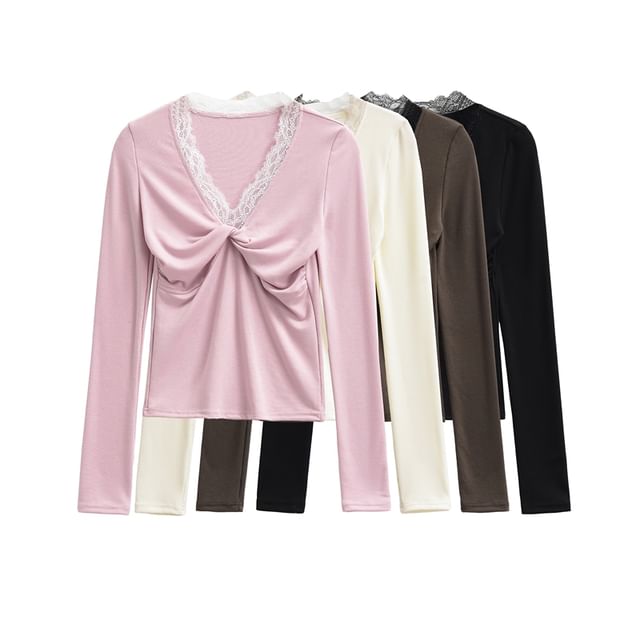 Ruched V-Neck Lace Trim Long Sleeve Shirt