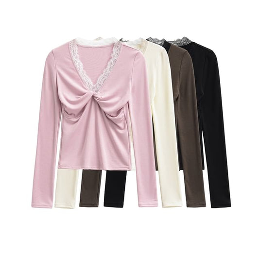 Ruched V-Neck Lace Trim Long Sleeve Shirt