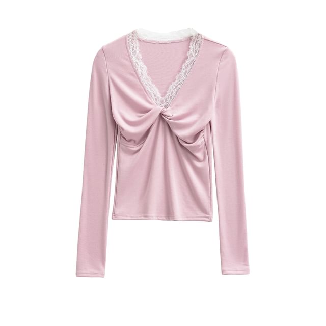 Ruched V-Neck Lace Trim Long Sleeve Shirt