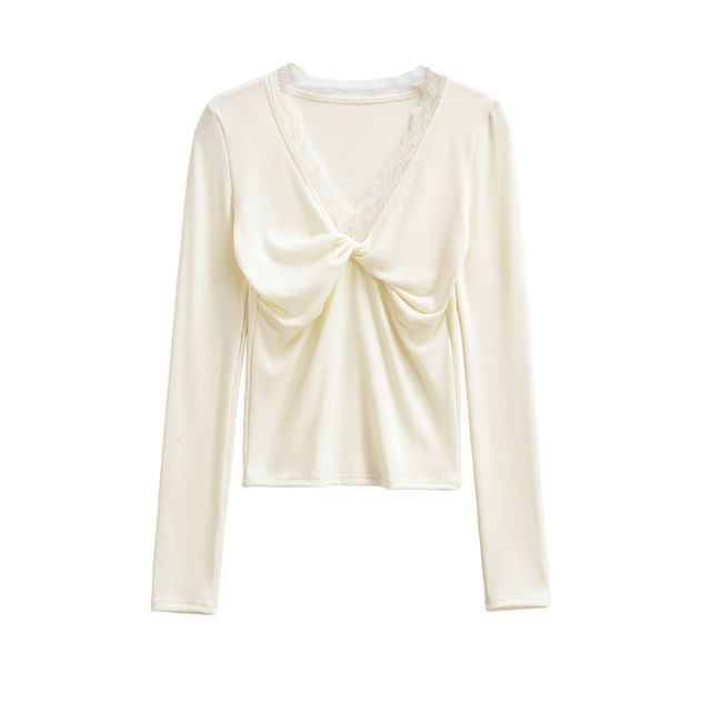 Ruched V-Neck Lace Trim Long Sleeve Shirt