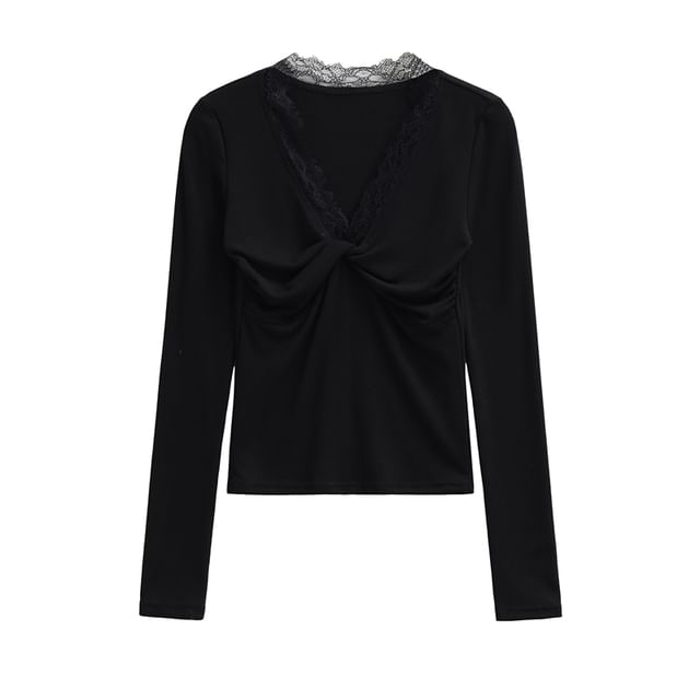 Ruched V-Neck Lace Trim Long Sleeve Shirt