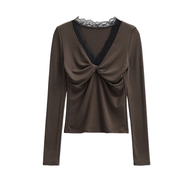 Ruched V-Neck Lace Trim Long Sleeve Shirt